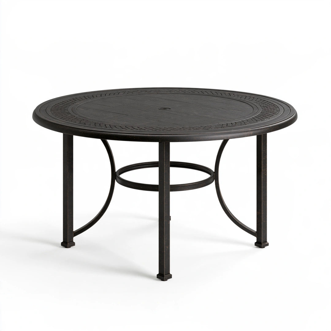Runder Garten-Esstisch Ø 122 cm Metall Schwarz mit Sonnenschirmöffnung