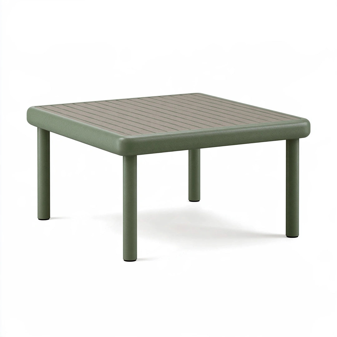 Gartentisch 90 x 90 x 40 cm aus Metall in Grün - quadratischer Loungetisch mit Lamellenplatte