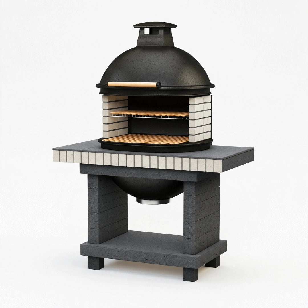 Gartengrill 100 x 70 x 150 cm aus Stahl und Stein Schwarz für Holzkohle mit Kuppelhaube