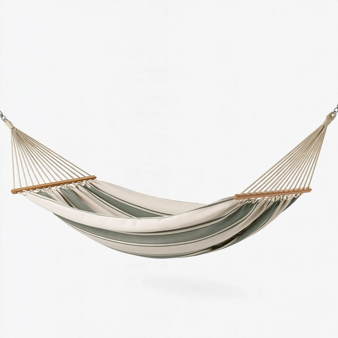 Hängematte 300 x 150 cm aus Gewebe in Beige Grün mit Holzspreizstäben für Garten und Terrasse