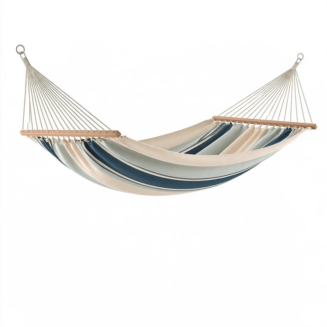 Hängematte 200 x 100 cm aus Baumwollgewebe Beige Grau Blau mit Holzspreizstäben