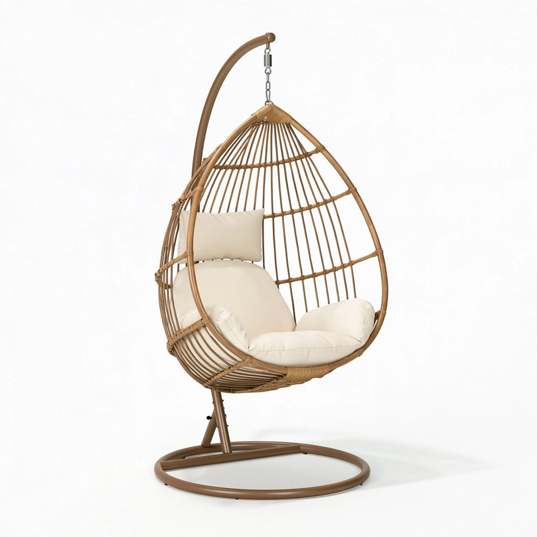 Hängesessel 105 x 105 x 195 cm Rattan Metall Naturbraun Creme für Innenbereich im Boho-Stil