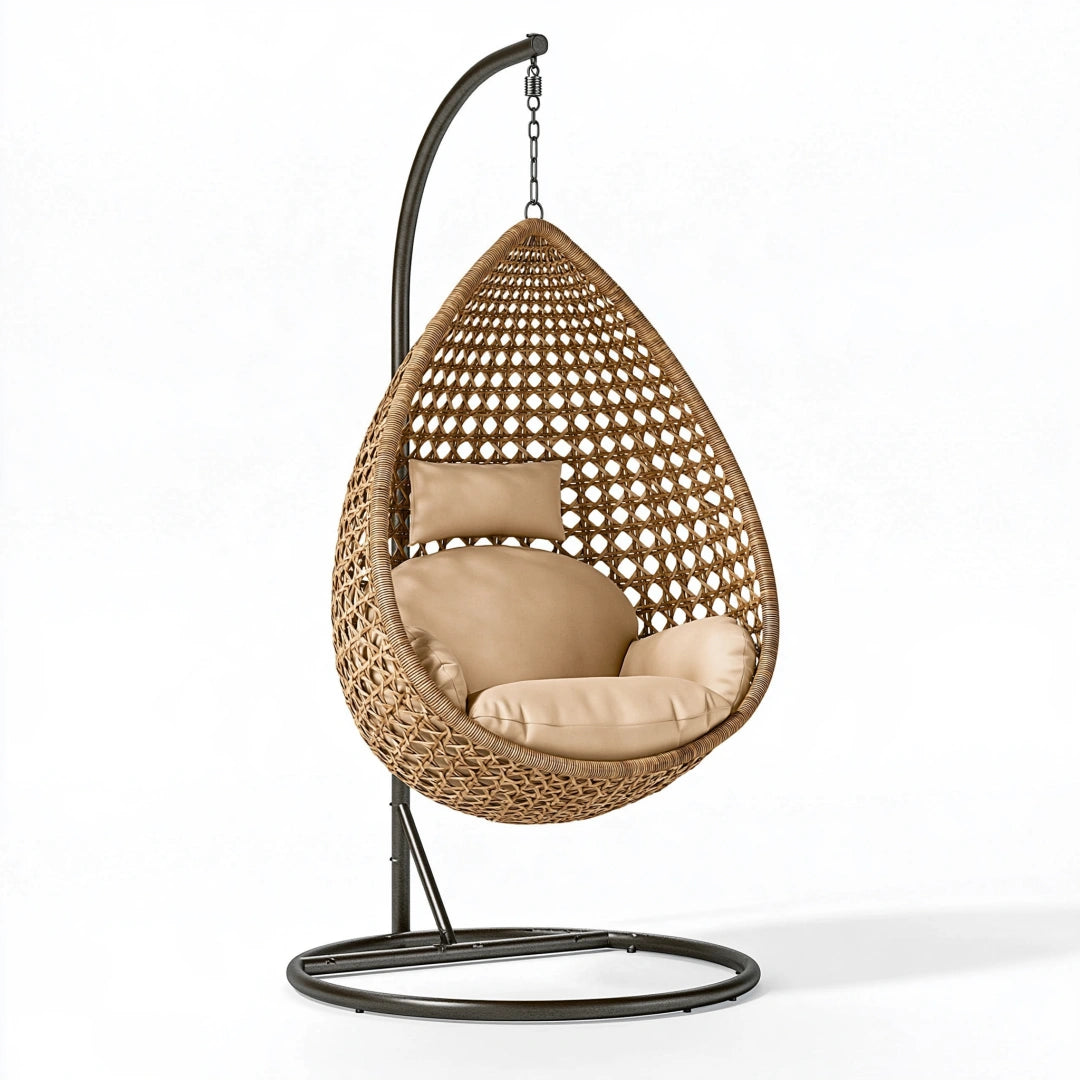Hängesessel 105 x 105 x 195 cm aus Geflecht in Naturbraun mit Metallgestell im Boho-Stil