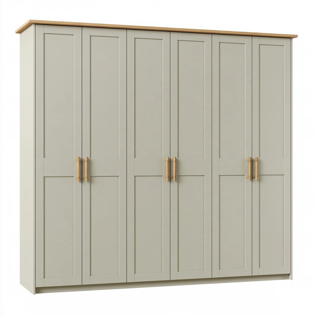 Kleiderschrank 240 x 60 x 220 cm Holzwerkstoff Graugrün mit 6 Türen im Landhausstil