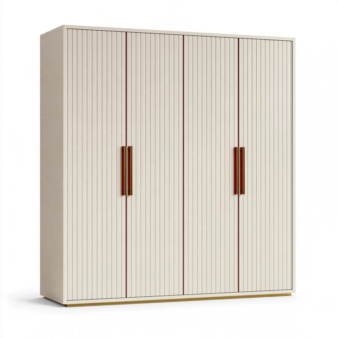 Kleiderschrank 200x60x220 cm aus Holzwerkstoff cremeweiß mit vier Türen im modernen Stil