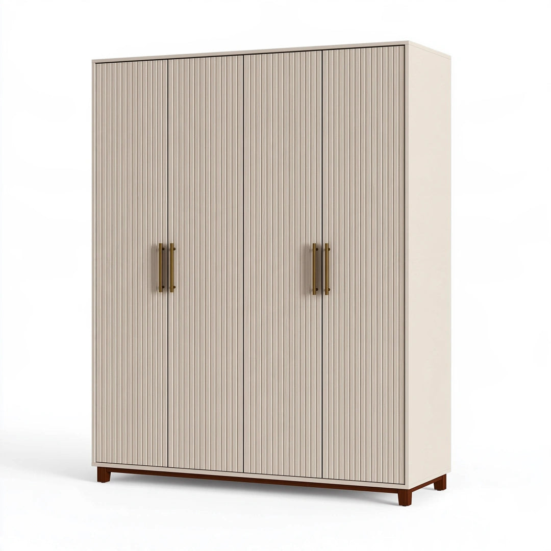 Kleiderschrank 120 x 55 x 200 cm aus Holzwerkstoff in Creme mit geriffelter Front