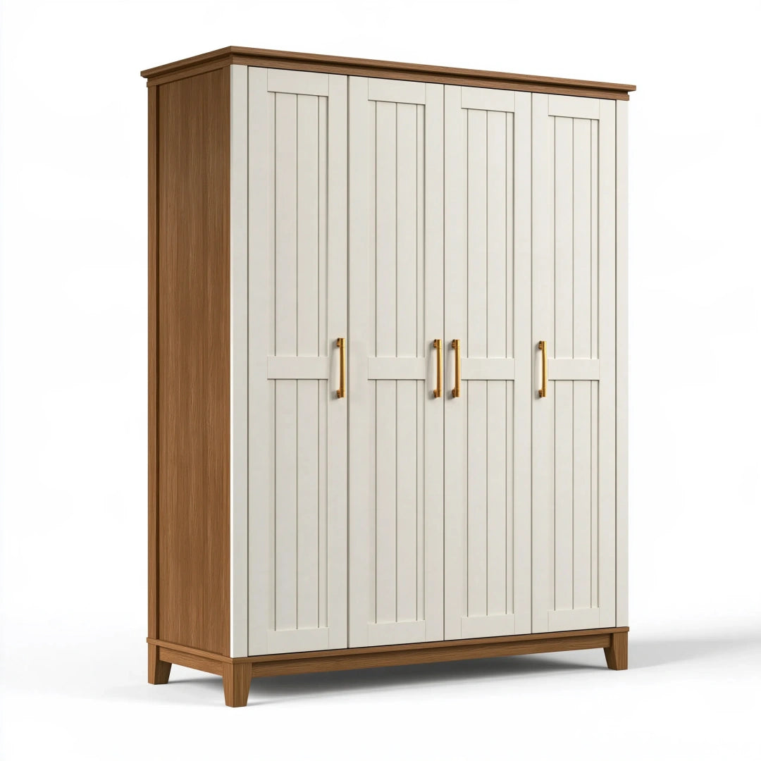 Kleiderschrank 200 x 60 x 200 cm Holzwerkstoff Weiß/Walnuss 4 Türen Landhausstil